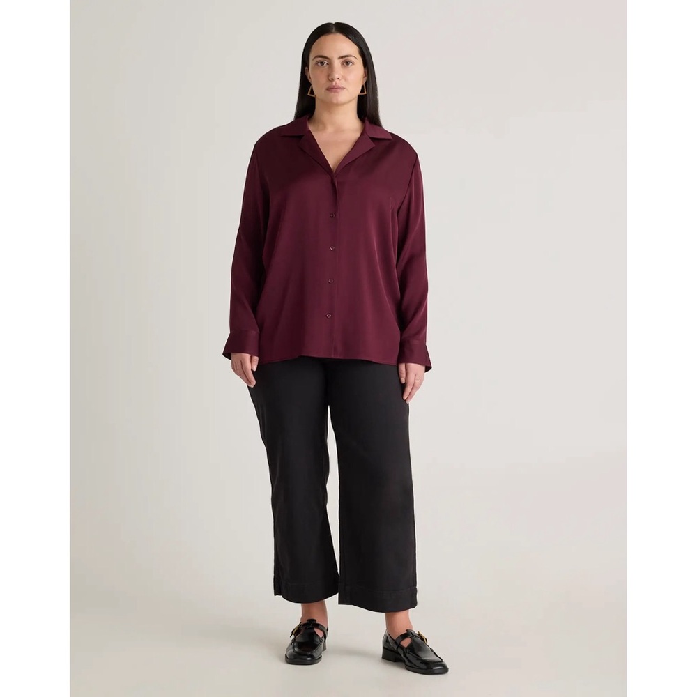 Quince Washable Stretch Silk Notch Collar Button Front Blouse Wine Tasting Red - Picture 2 of 13